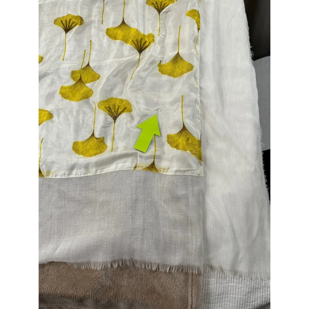 Anthropologie Citrus Ginkgo Leaf Embroidered SilkWool Scarf Yellow NEW MSRP$118